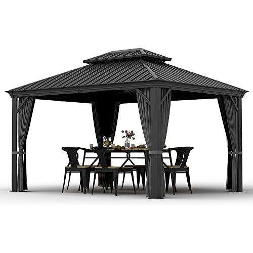 10 x 12 ft Hardtop Gazebo with Netting and Curtains for Patio, Deck, Backyard X60892