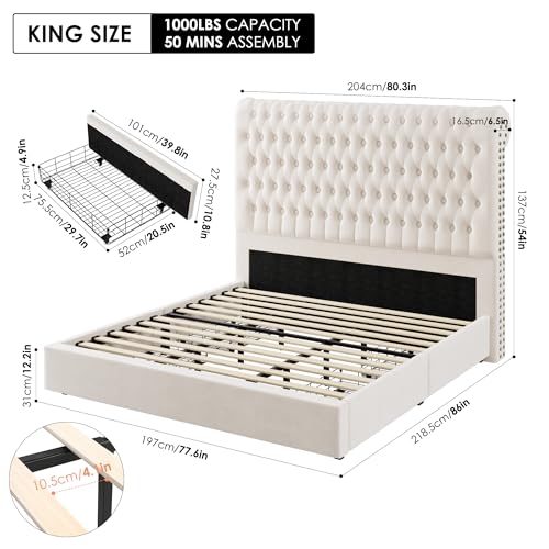 Velvet Upholstered King Bed Frame with Tall Headboard and Storage Drawers V8658