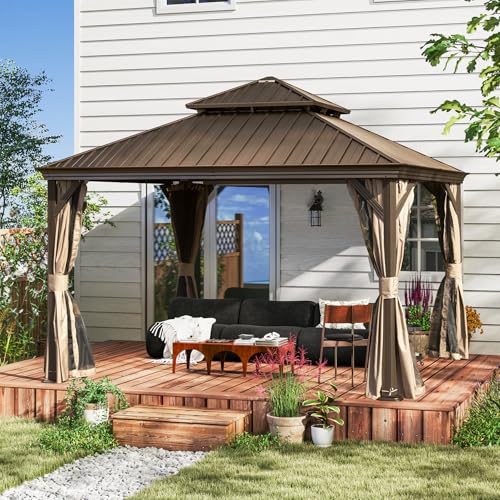 10 x 10 ft Hardtop Gazebo with Netting and Curtains, Galvanized Steel Roof for Patio K80436
