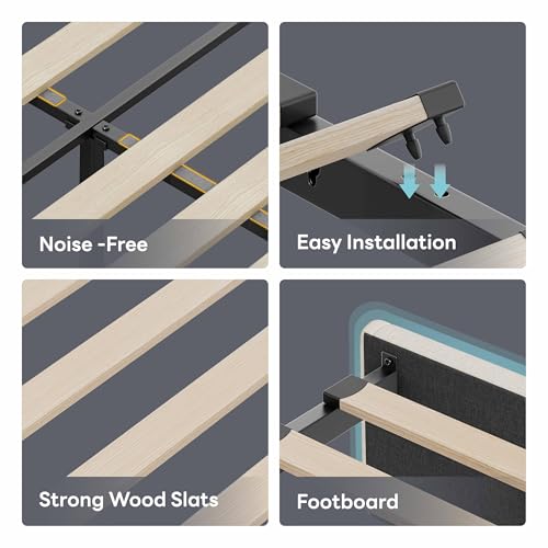 Twin Bed Frame with 2 Storage Drawers, Charging Station and LED Lights, Upholstered Platform Bed with Storage Headboard, No Box Spring Needed M8748