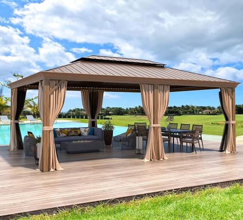 12x16 ft Hardtop Gazebo with Double Roof, Curtains and Netting T94173