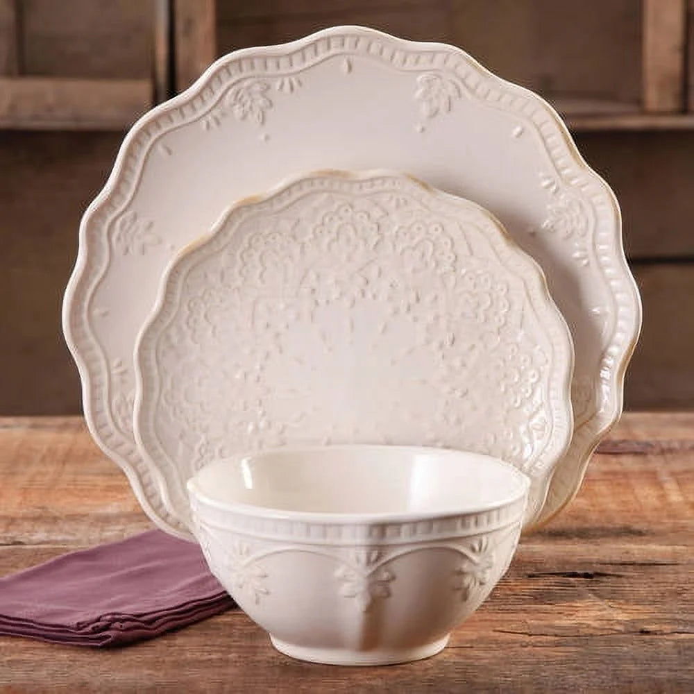 Farmhouse Lace 12-Piece Dinnerware Set, Linen B909