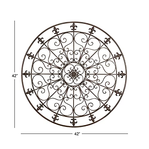 Metal Fleur De Lis Wall Decor Circle Sculpture with Scrollwork, Black W704356
