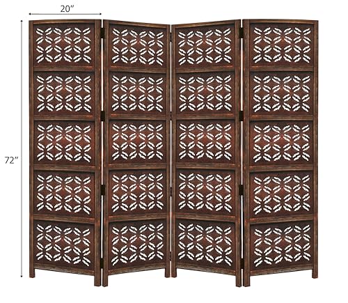 4 Panel Folding Wood Room Divider, Antique Brown, 72 x 80 P209
