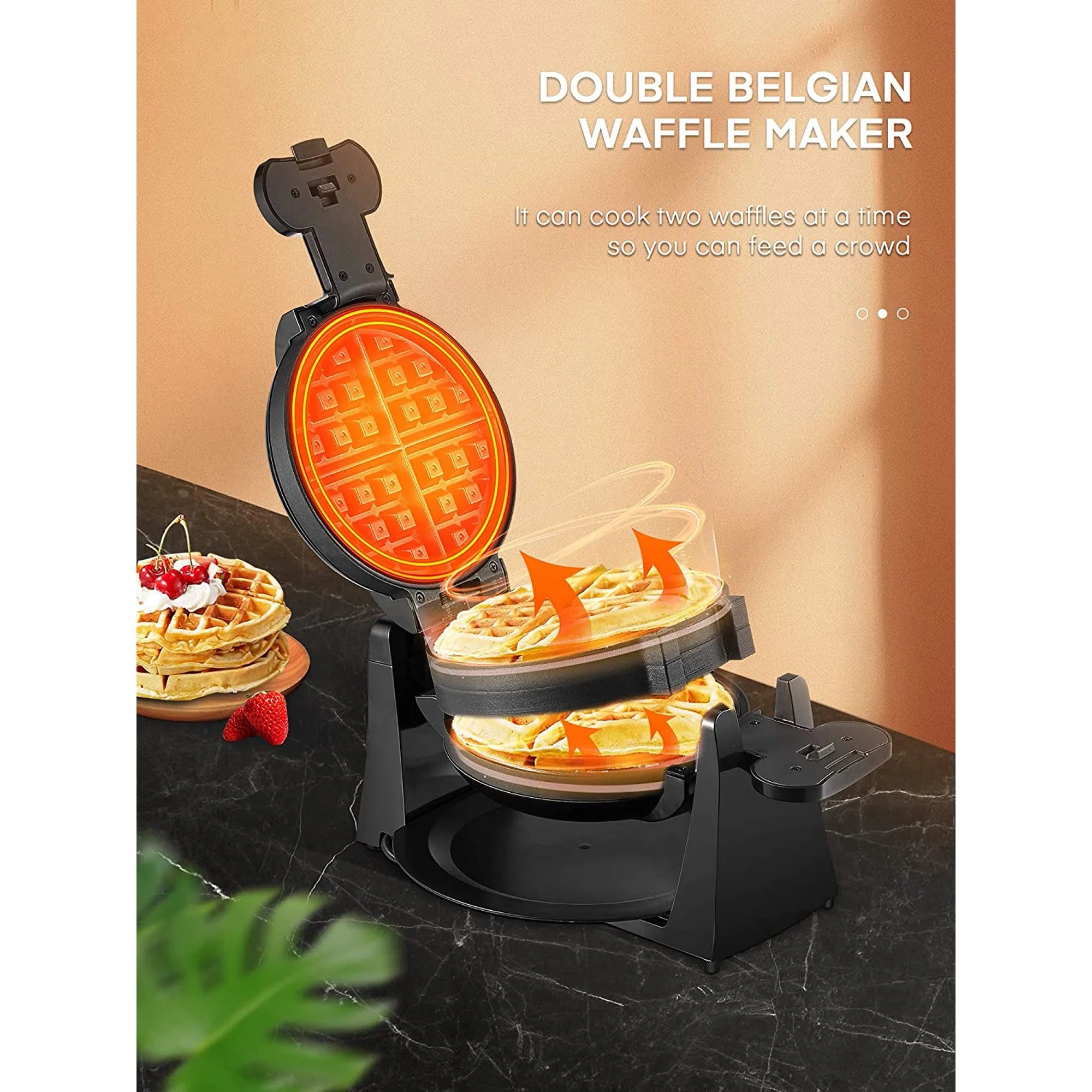 180° Flip Belgian Double Waffle Maker, 8-Slice Nonstick, Removable Drip Tray C447042