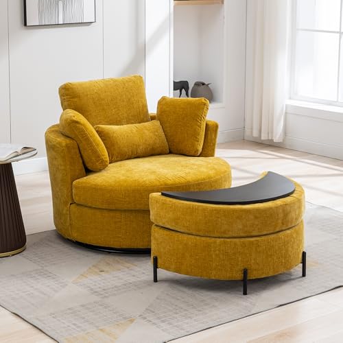 Oversized Swivel Barrel Chair with Ottoman, Chenille, Beige M813