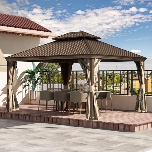10 x 10 ft Hardtop Gazebo with Netting and Curtains, Galvanized Steel Roof for Patio K80436