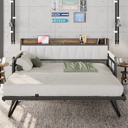 Daybed with Trundle Bed, Twin Bed Frame with Storage Headboard and Charging Station, Grey S3738