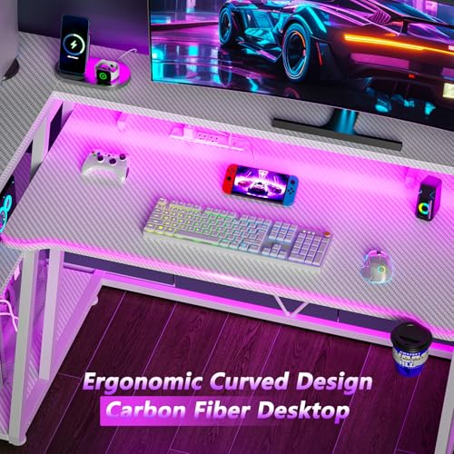 L Shaped Gaming Desk with Power Outlet and LED Lights Y52619