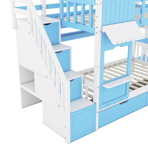 Twin Over Twin Bunk Bed with Stairs and Slide, Solid Wood Frame with Storage B8483