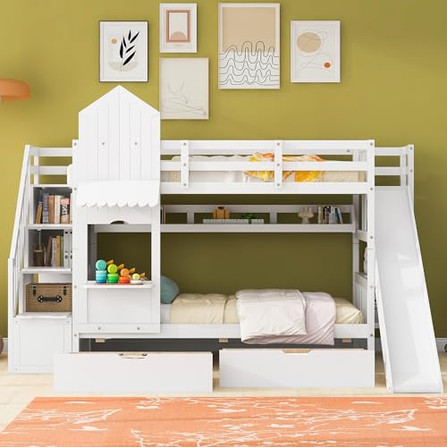 Kids Bunk Bed with Stairs and Slide, Twin Over Twin, Gray O540