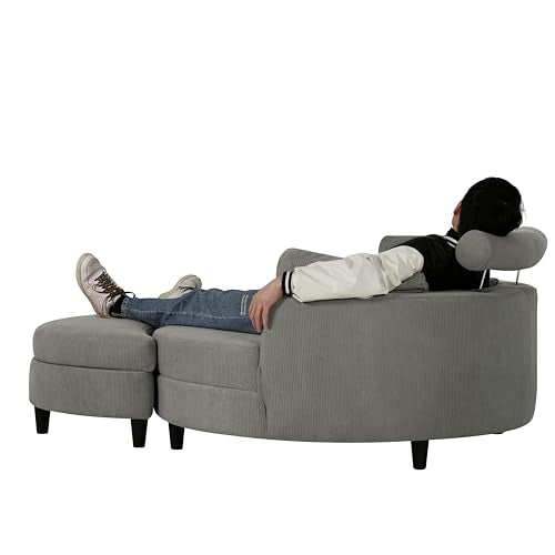 Corduroy Barrel Chair with Adjustable Headrest and Ottoman E413