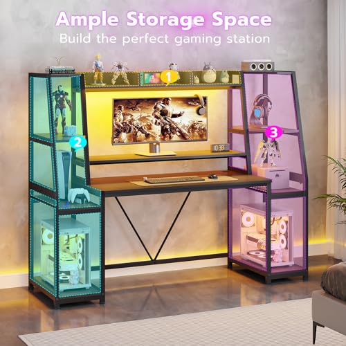 Gaming Desk with LED Lights, Hutch and Storage Shelves, Black O742