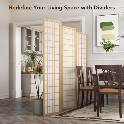 6 Panel Folding Room Divider, Japanese Shoji Screen, 5.9 Ft, Natural T81976