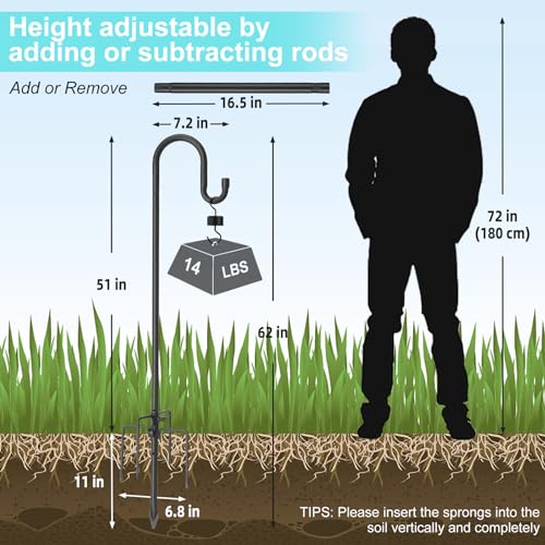 Shepherds Hook for Outdoor Bird Feeder Pole, 62" Adjustable, Black I31920