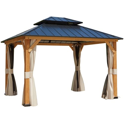 12x20 ft Hardtop Gazebo Double Roof Galvanized Steel Canopy Outdoor Aluminum Frame with Netting and Curtains X191579