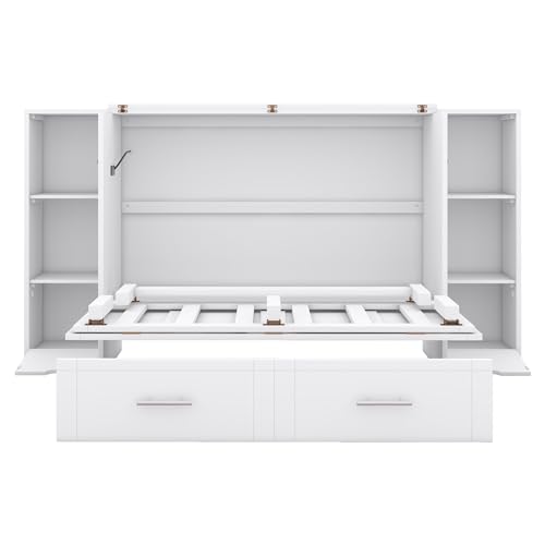Murphy Bed Chest with Shelves and USB Ports, Foldable Wood Frame Y56482