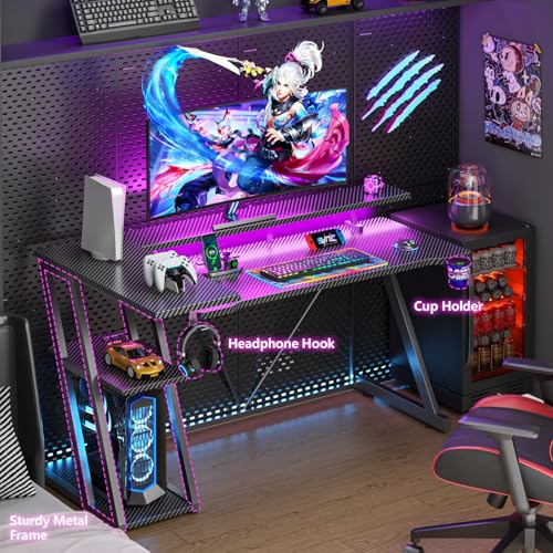 L Shaped Gaming Desk with Power Outlet and LED Lights Y52619