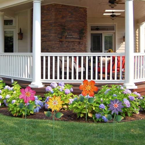 Metal Flower Garden Stakes, 4 Pcs 19" Outdoor Yard Decor with Shaking Heads N631