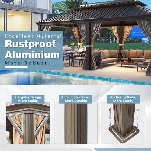 12x16 ft Hardtop Gazebo with Double Roof, Curtains and Netting T94173