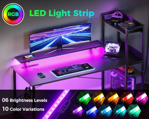 Reversible Gaming Desk with USB Charging Port and LED Lights, 40 Inch Computer Desk with Storage Shelves M571