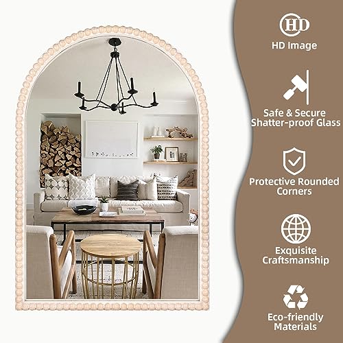 24"x36" Arch Wall Mirror with White Wooden Beads, Rustic Distressed P639802