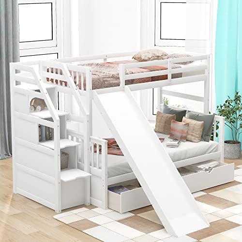 Twin Over Full Bunk Bed with Slide and Stairs for Kids I642