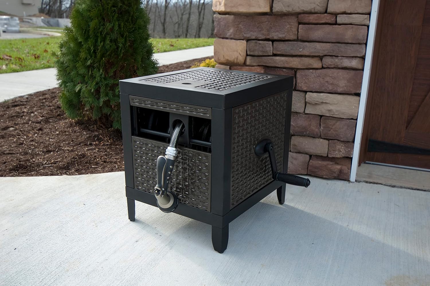 Hose Reel Cabinet Box, 100 Ft Capacity, Wicker Look, Auto Track Rewinding, Black Metal E465231