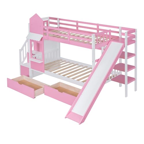 Twin Over Twin Bunk Bed with Stairs and Slide, Solid Wood Frame with Storage B8483