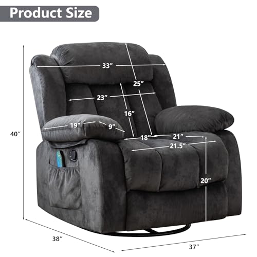Massage Swivel Rocker Recliner Chair with Heat and Vibration, Grey M1757