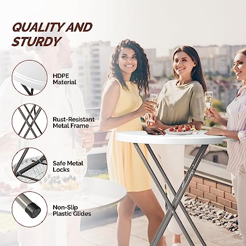 Folding Round Table Bar Height, HDPE with Gray Metal Finish, Black M940225