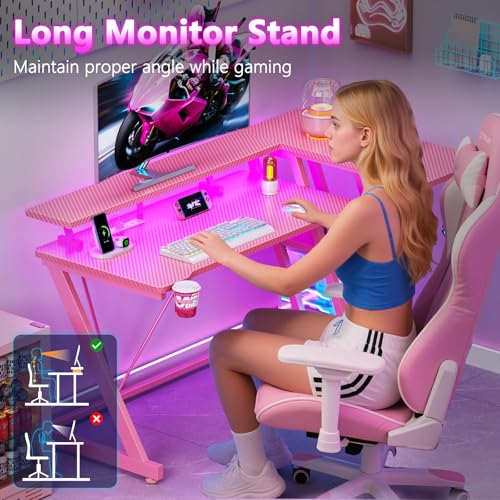 L Shaped Gaming Desk with Power Outlet and LED Lights Y52619