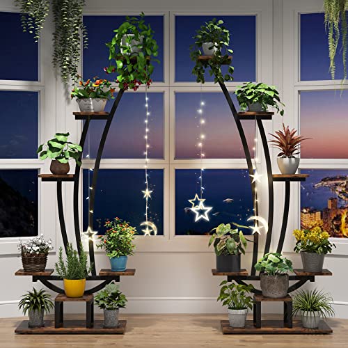 6-Tier Tall Plant Stand, Metal Curved Display Shelf with Hanging Hooks V22276