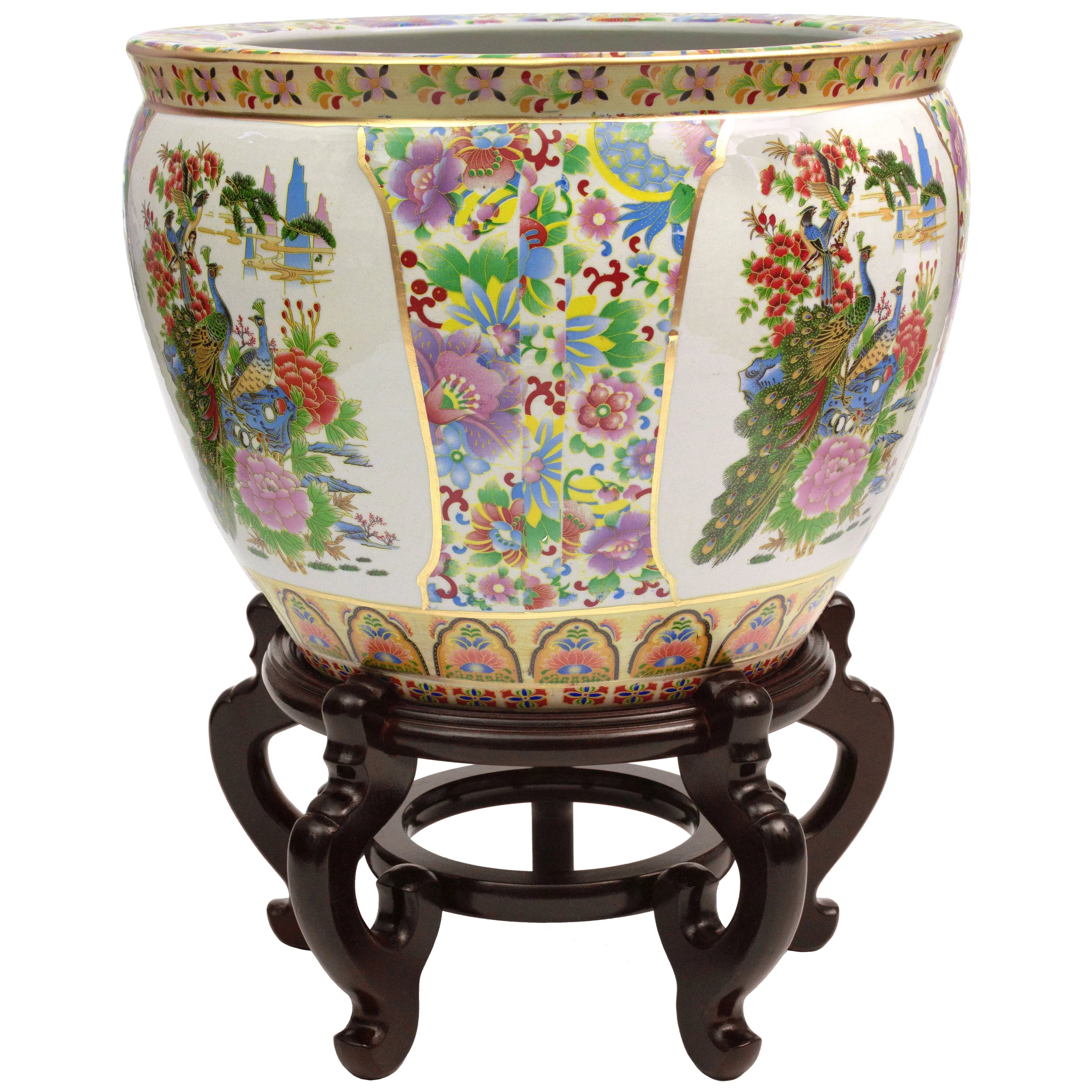 13.5" Satsuma Birds & Flowers Porcelain Fishbowl S186