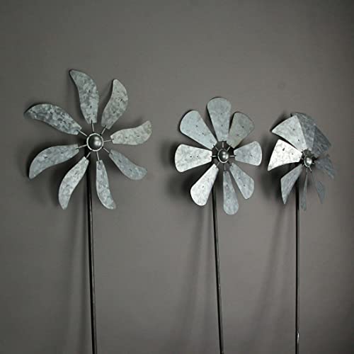 Set of 3 Galvanized Grey Windmill Wind Spinner Garden Stakes, 41 Inches High R6069
