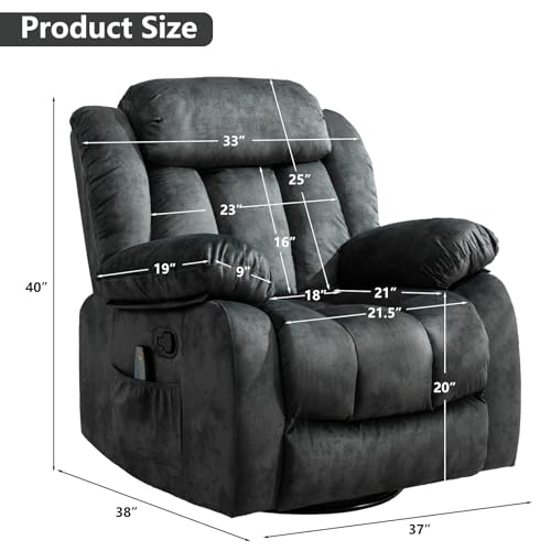 Massage Swivel Rocker Recliner Chair with Heat and Vibration, Grey M1757