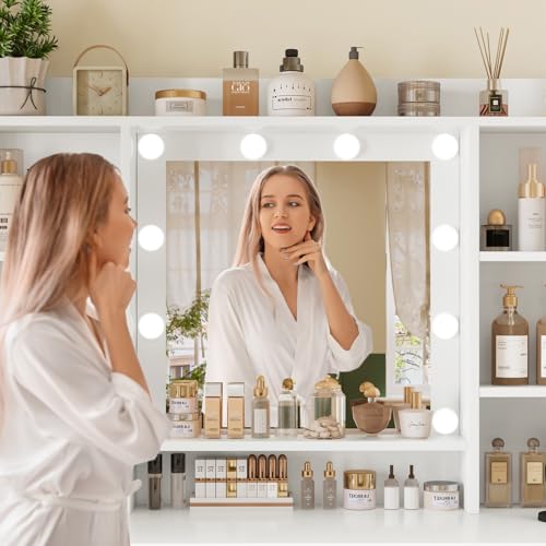 Vanity Desk with Mirror and Lights, 9 Drawers, 6 Open Shelves, Adjustable Brightness, White J50562