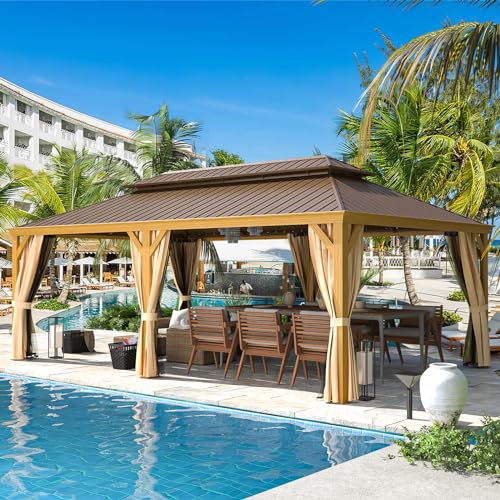 12x16 ft Hardtop Gazebo with Double Roof, Curtains and Netting T94173