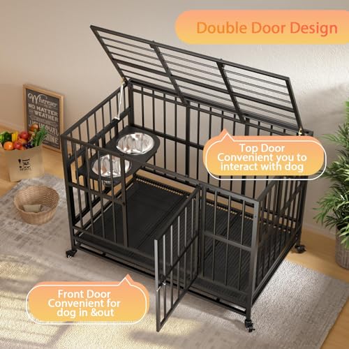 48" Heavy-Duty Dog Crate with Wheels, Air-Lift Top, Dual Adjustable Bowls V62929