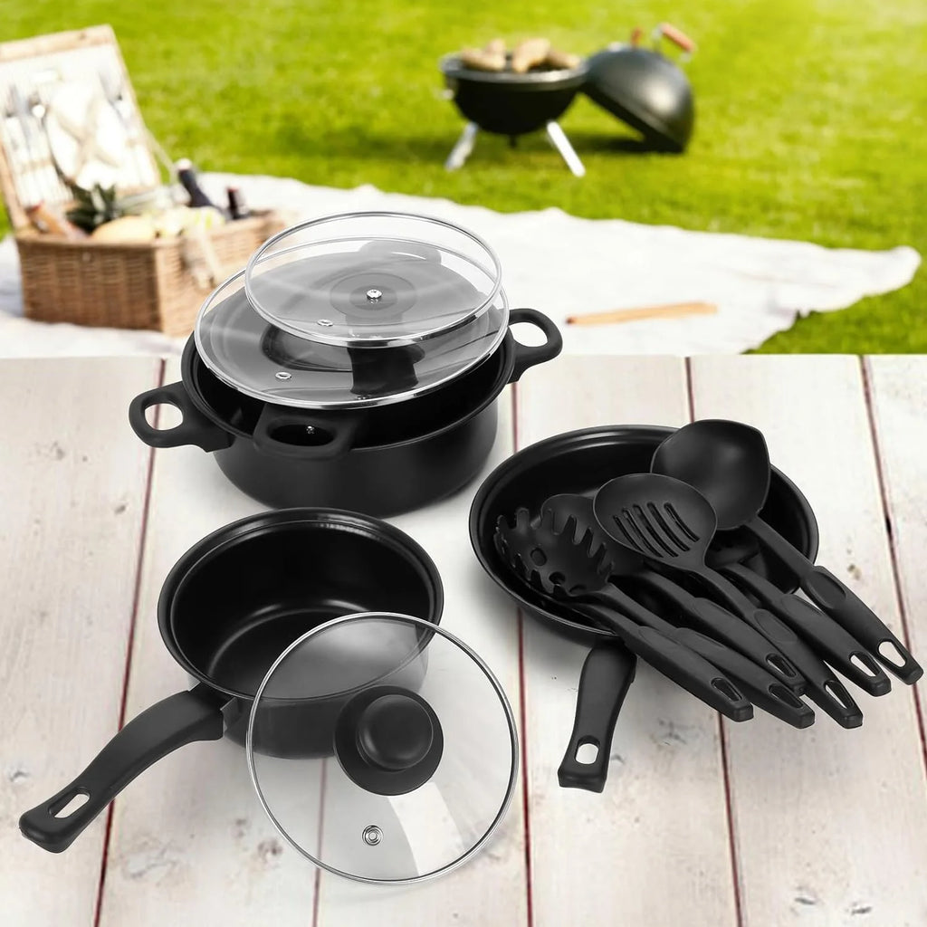 Non-Stick Cookware Set, 13 Piece, Portable Cast Iron Pots and Pans with Glass Lids T916424