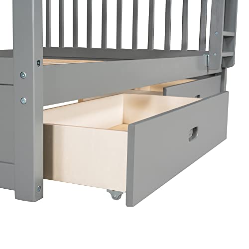 Twin Over Full Bunk Bed with Slide and Stairs for Kids I642