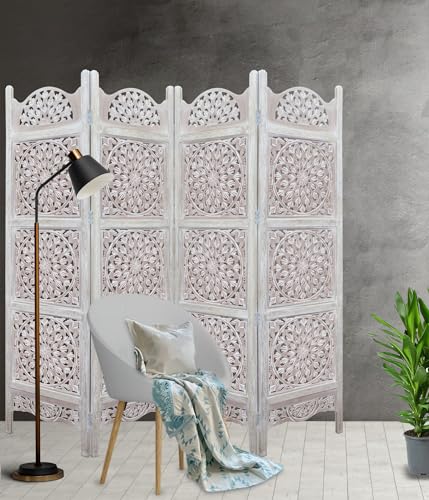 4 Panel Folding Wood Room Divider, Antique Brown, 72 x 80 P209