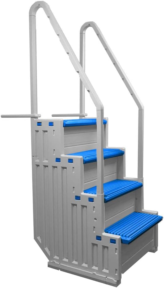 Above Ground Swimming Pool Step & Ladder, Heavy Duty, White Frame with Blue and Gray Steps J41441