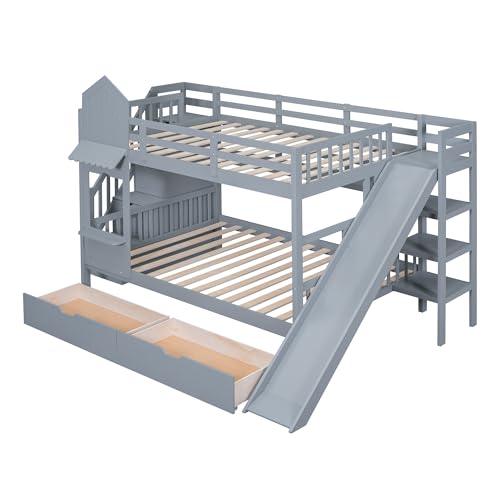 Kids Bunk Bed with Stairs and Slide, Twin Over Twin, Gray O540