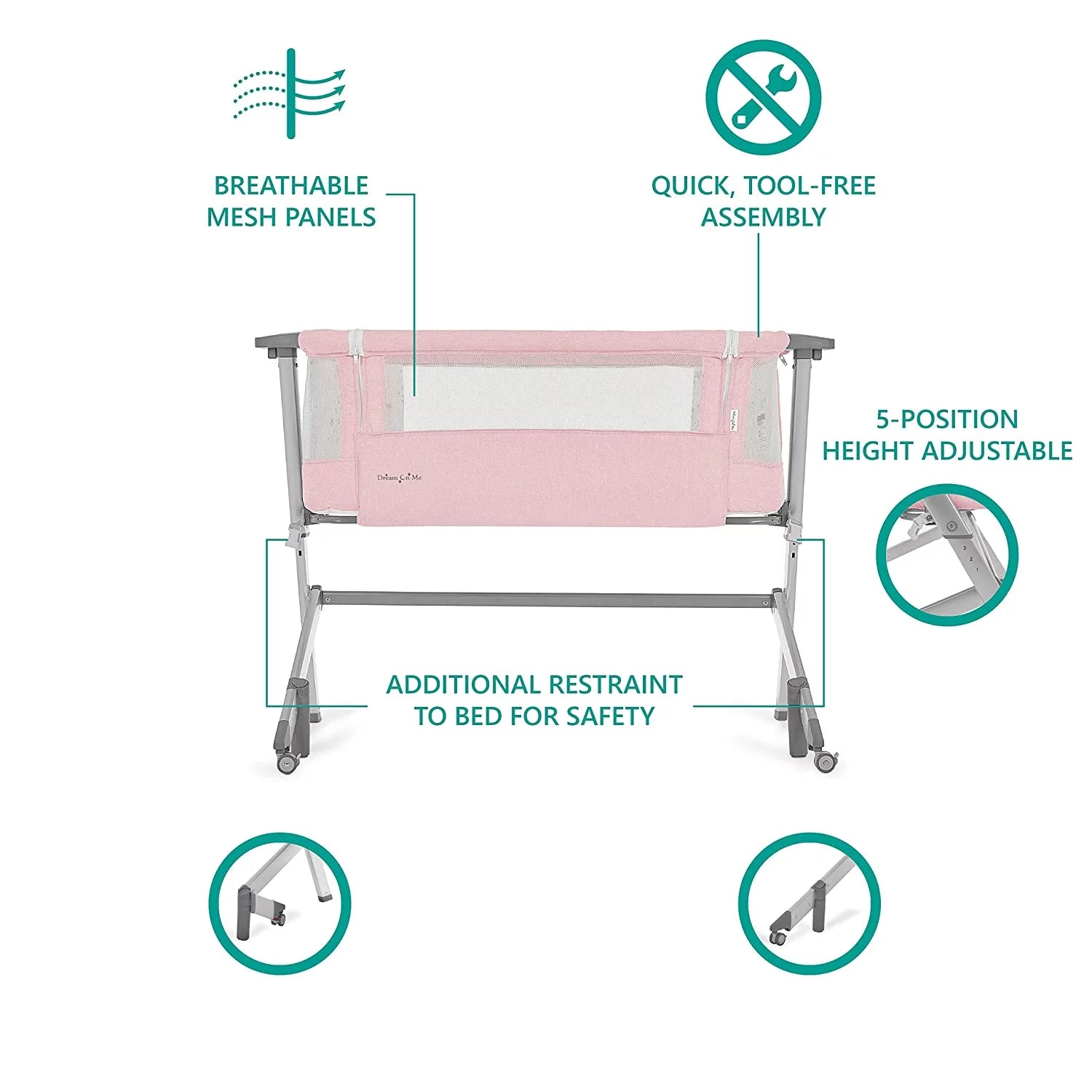Pink Portable Baby Bassinet with Adjustable Height and Foldable Design J10330