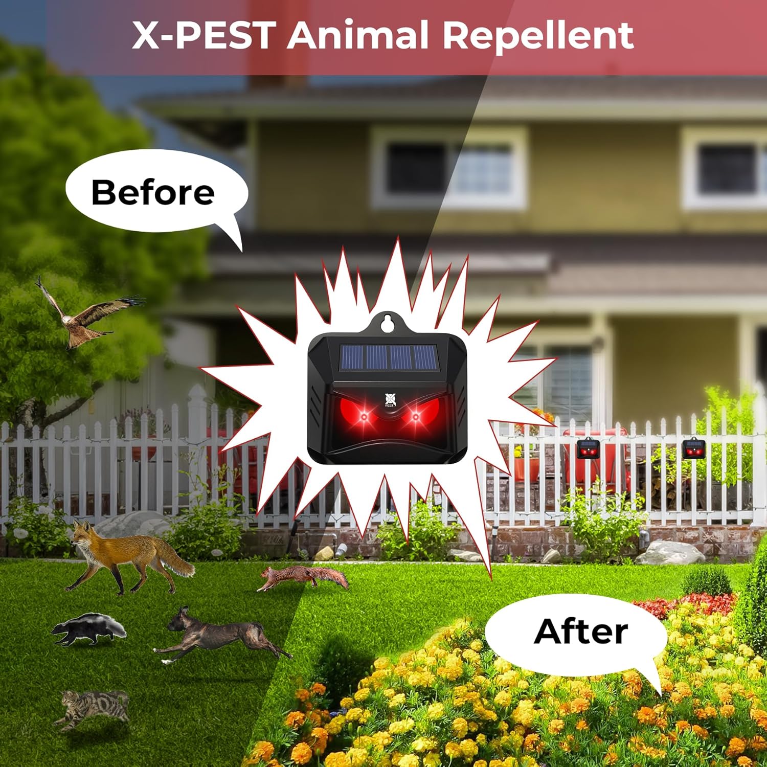 Solar Animal Repeller, Red LED Light Outdoor Deterrent for Garden Yard S60617