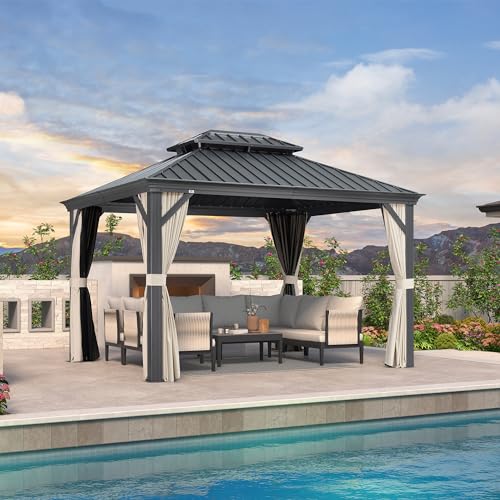 10' x 14' Permanent Hardtop Gazebo with Galvanized Steel Double Roof, Curtains and Netting Included M871
