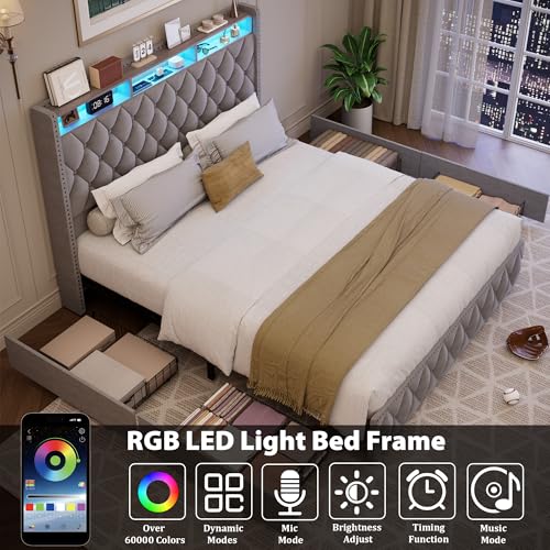 Queen Bed Frame with Tall Headboard, Velvet Upholstered, 4 Storage Drawers Y5950