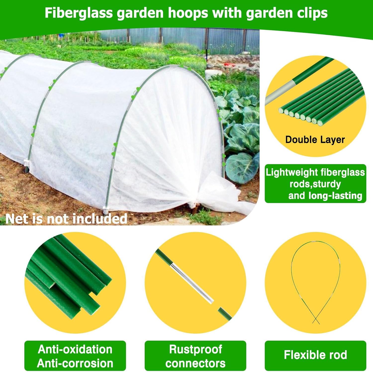 Garden Hoops for Raised Beds, 8ft Greenhouse Grow Tunnel with Clips K5233
