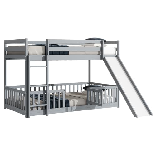 Twin Over Full Size Wooden Bunk Bed with Slide and Storage Stairs N394